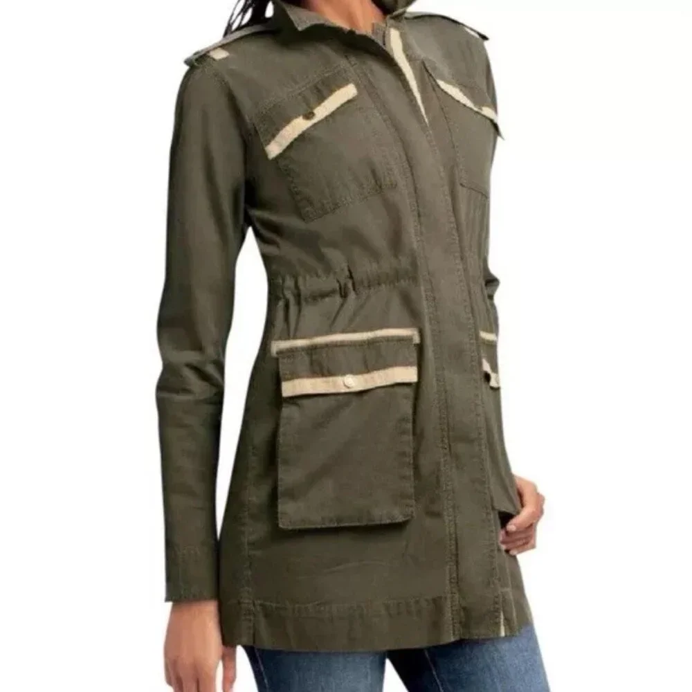 CABI Green Beige Drawstring Waist #722 Anorak Military Jacket Women's Size Small